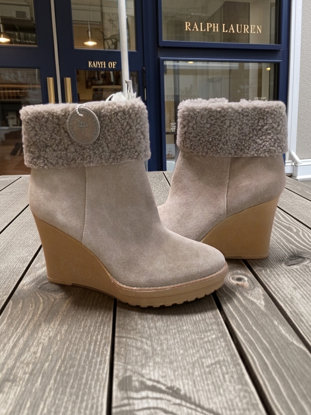 New Lauren Ralph Lauren Steph Wedge Shearling Cuff Suede Ankle Wedge Boots 10